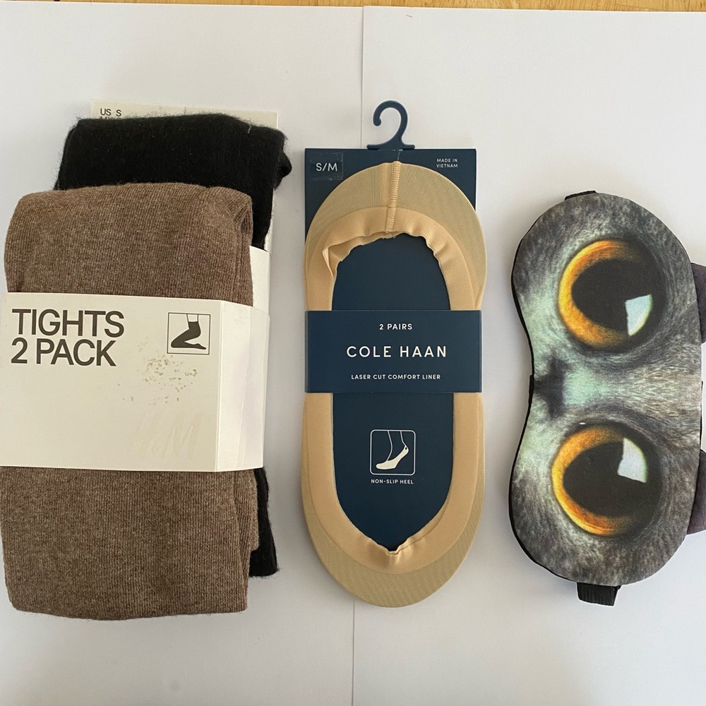 NWT H&M Brown/Black Tights, Cole Haan Comfort Liner Socks, Kitten Eye Mask